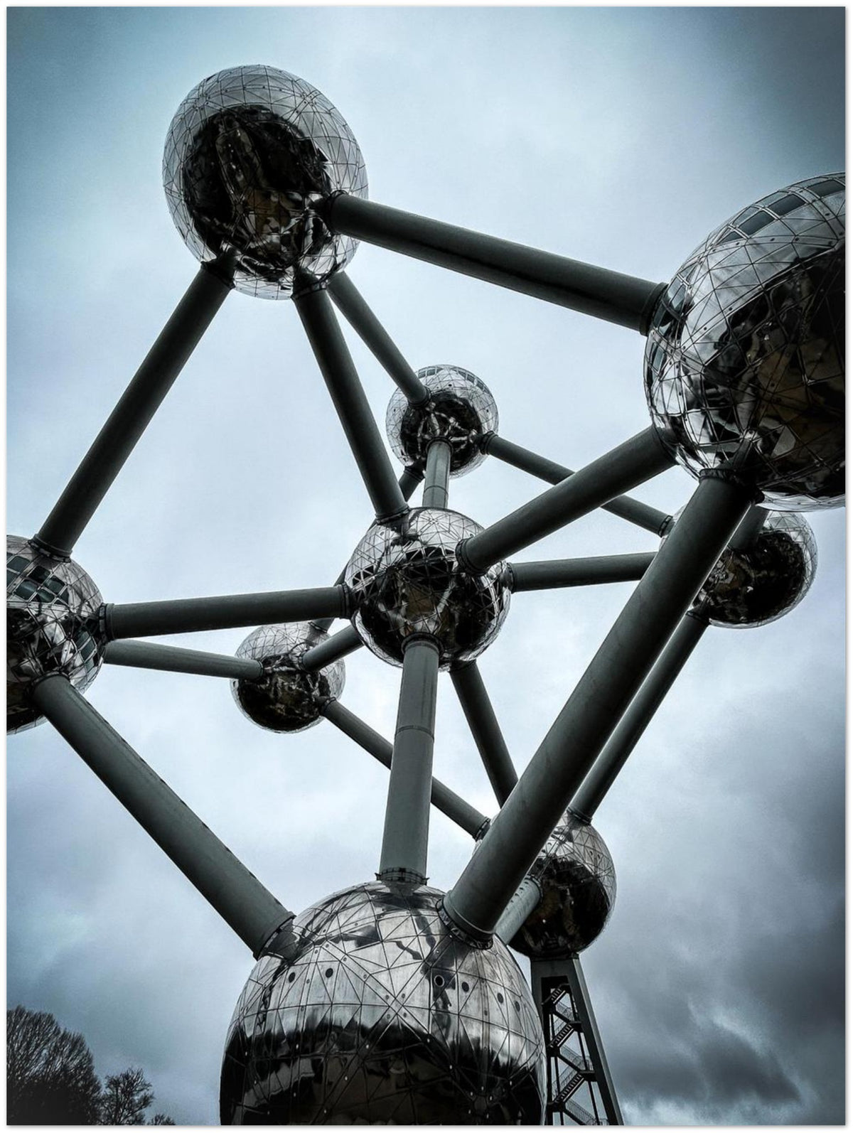 Belgium Atomium, shown at an angle to give a sense of depth and scale