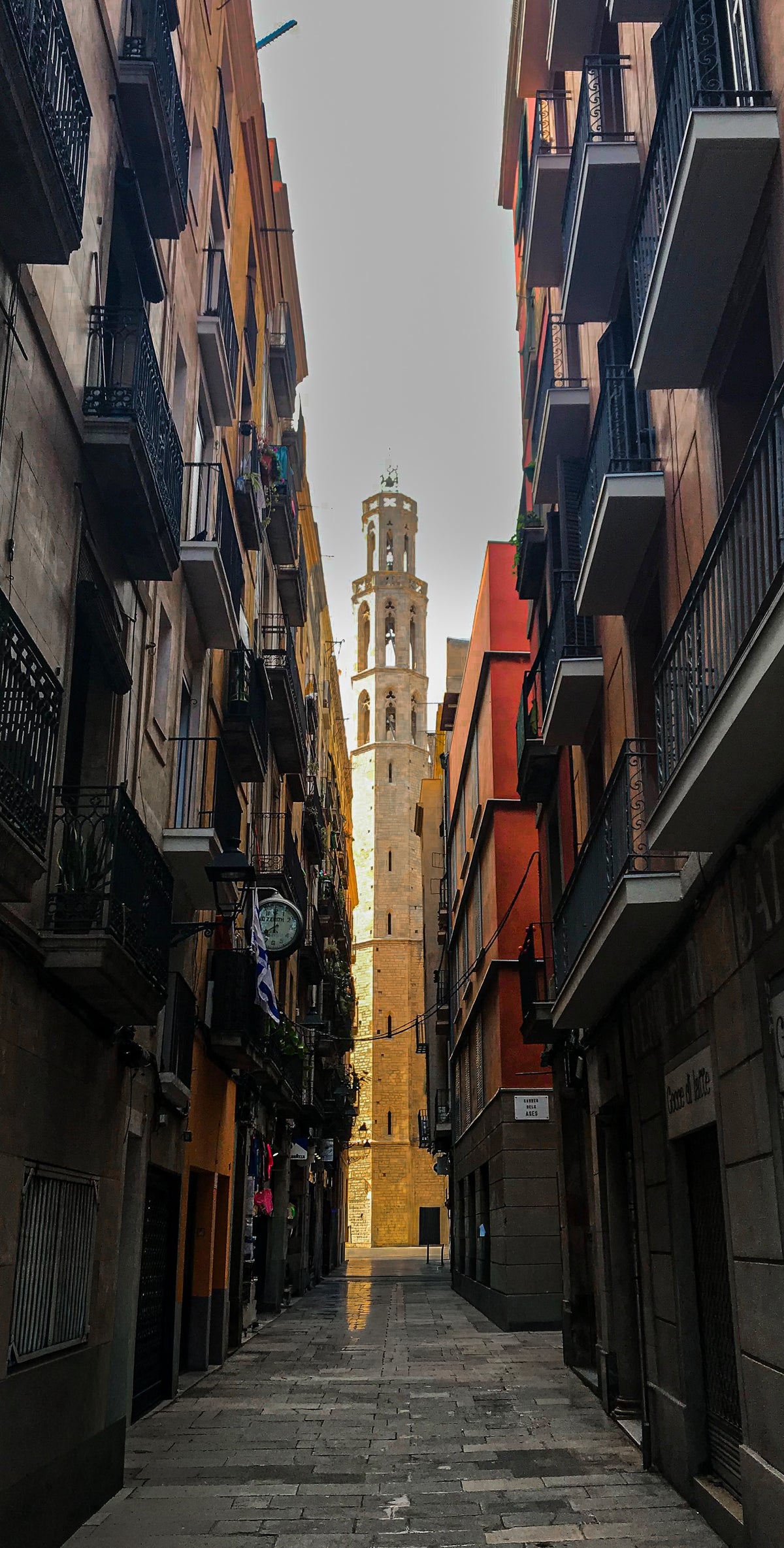 Barcelona Pillar, Bell tower down a Barcelona alley, photographed in Barcelona, original fine-art photograph