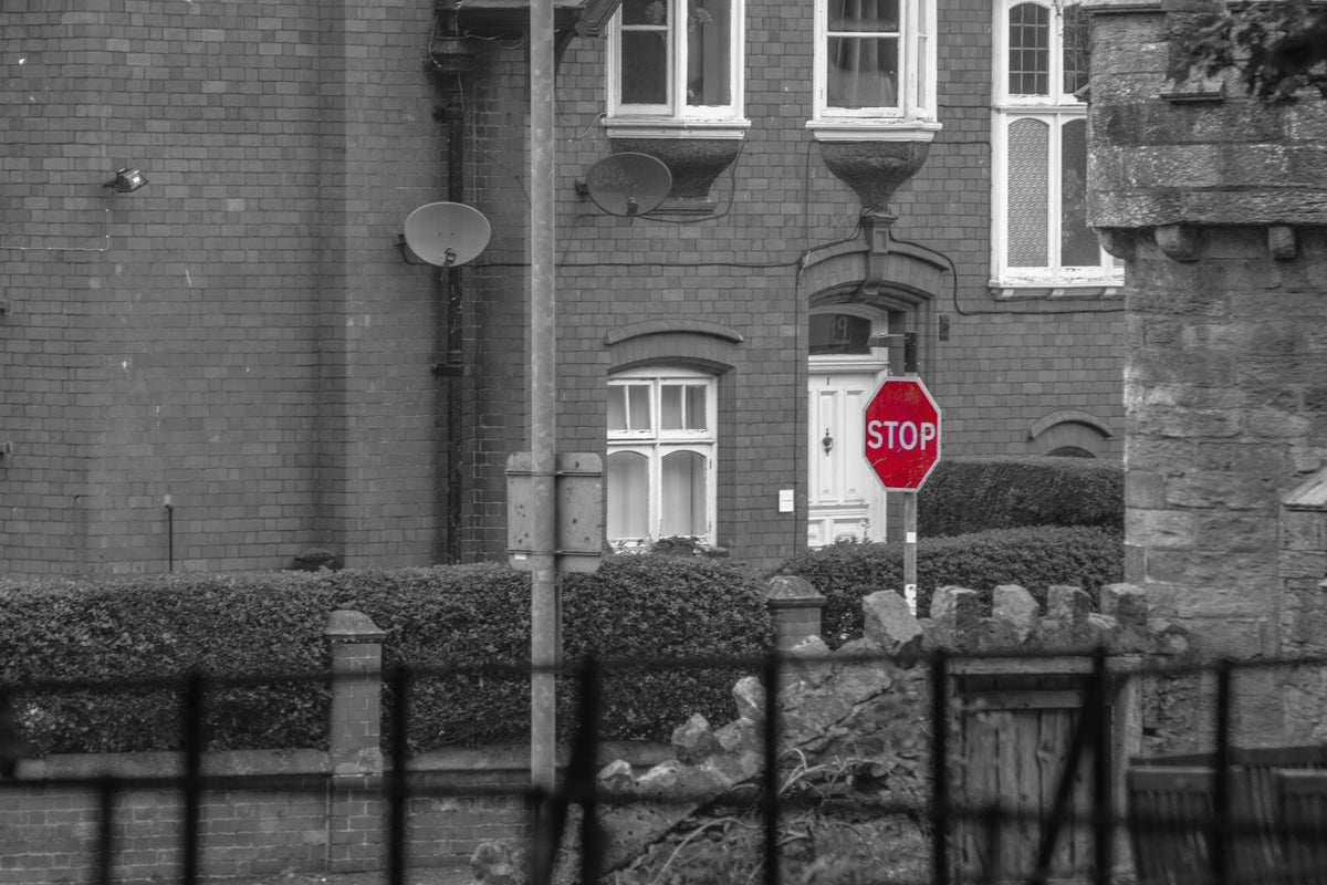 Stop, A lone stop sign on an empty road, original fine-art photograph